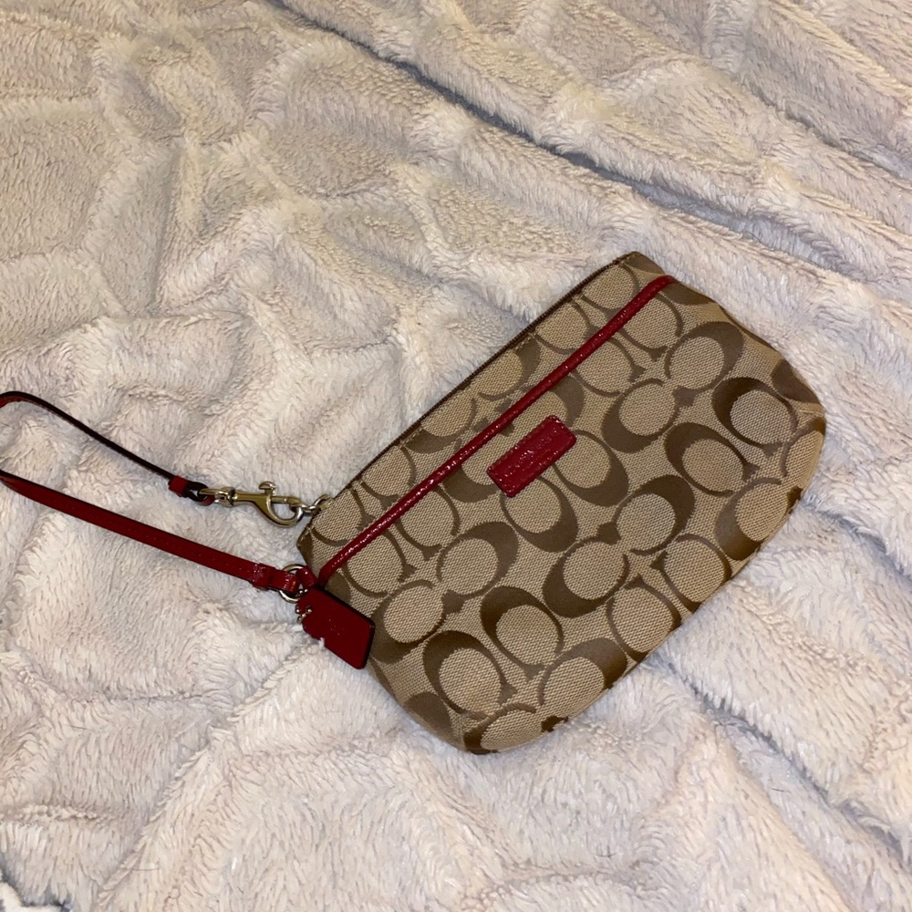 Coach Signature Canvas Wristlet in Tan with Red Trim